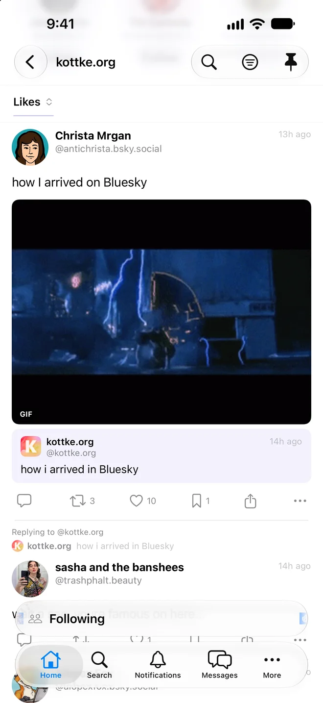 Posts kottke.org has liked, on the Likes tab of his profile in Bayou.