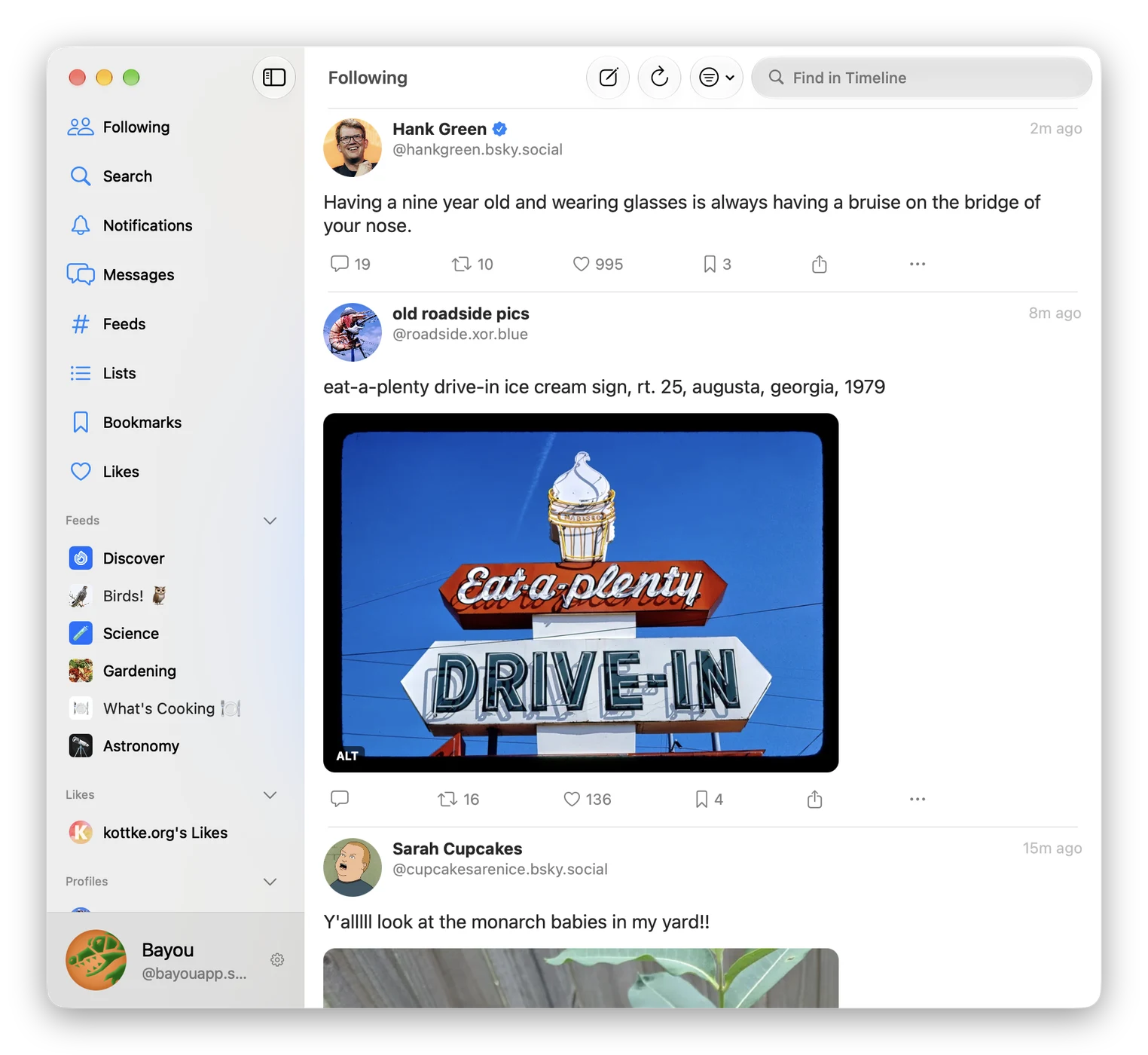 Bayou on Mac, showing the Following timeline next to a sidebar of pinned feeds, likes, and profiles.