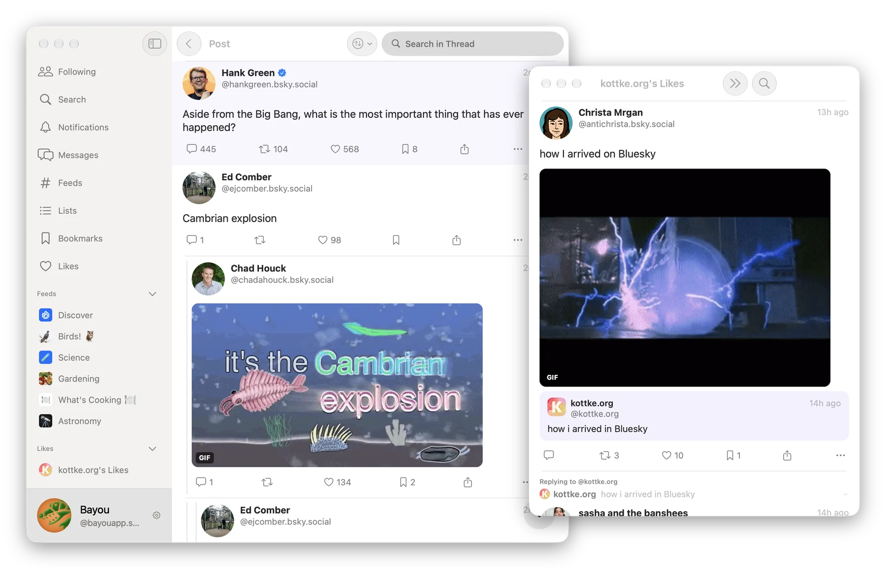 Bayou on Mac with a thread in the main window and kottke.org’s likes open in a second window.